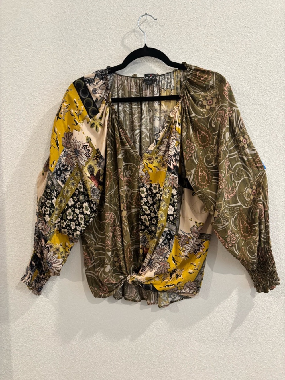 G.O.D. Patchwork V-Neck Blouse in Yellow & Olive